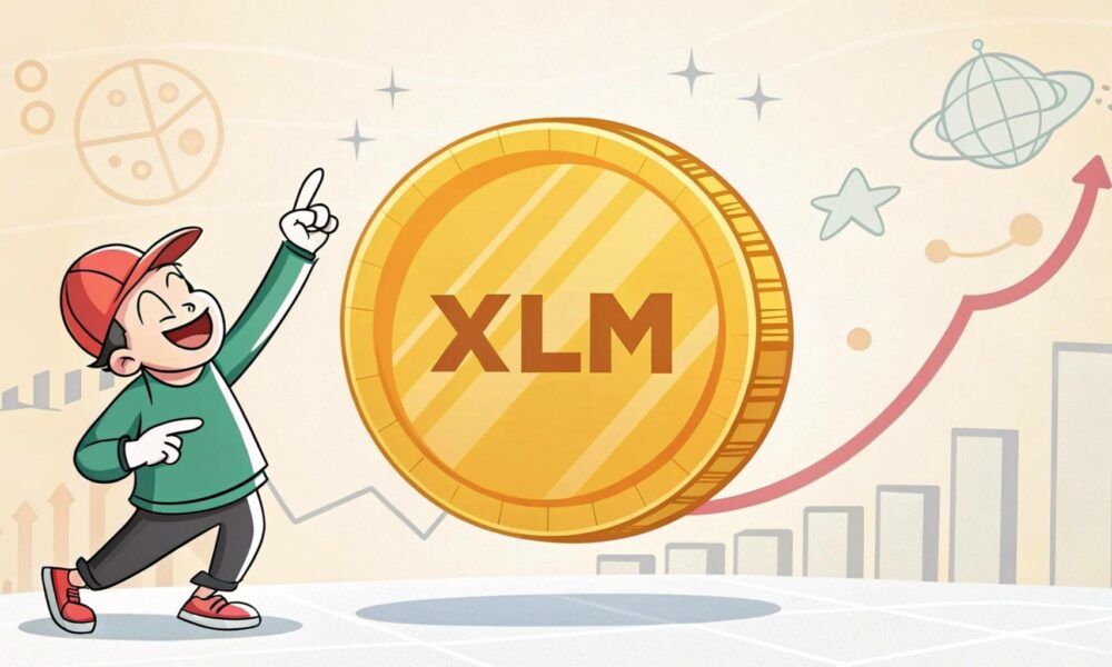 a cartoon character pointing at a large xlm coin i 11zon